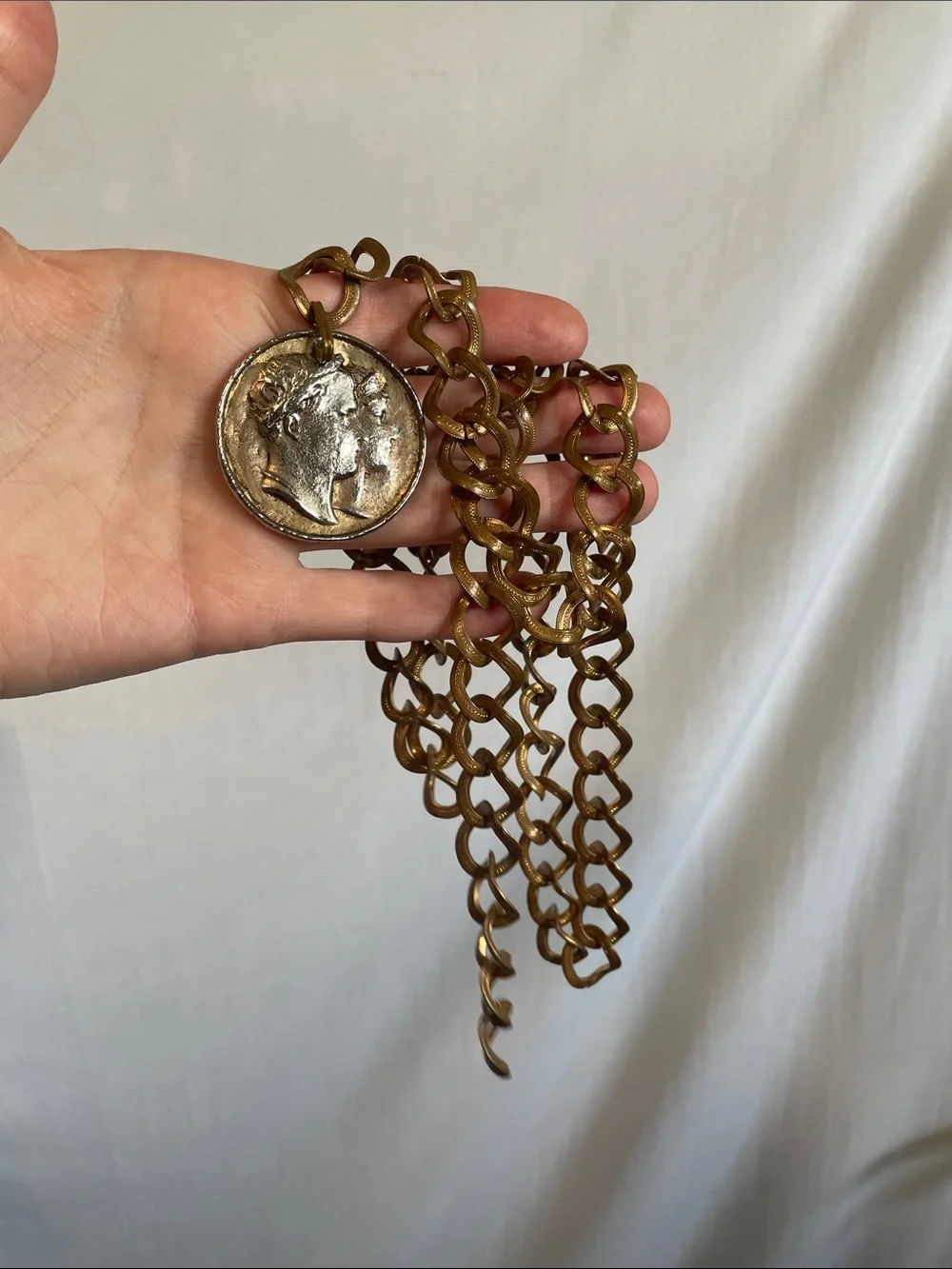 Vintage Antique Coin Pendant Chain Necklace belt in Brass Tone